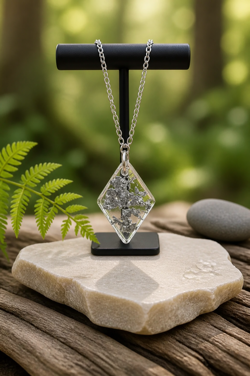 Silver Foil Resin Diamond Pendant Necklace – Handmade Geometric Jewelry