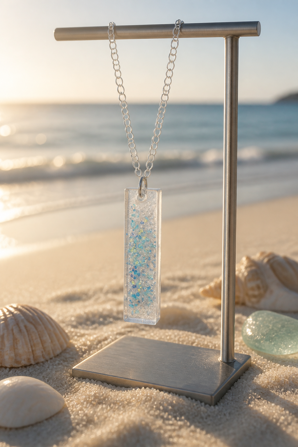 Light Blue Glitter Resin Pendant Necklace