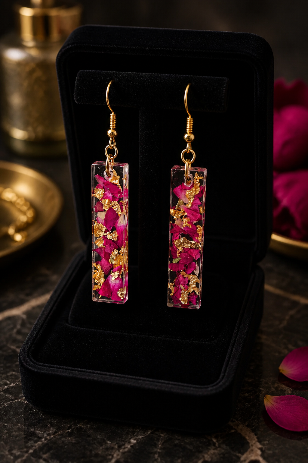 Dried Pink Flower & Gold Foil Resin Earrings