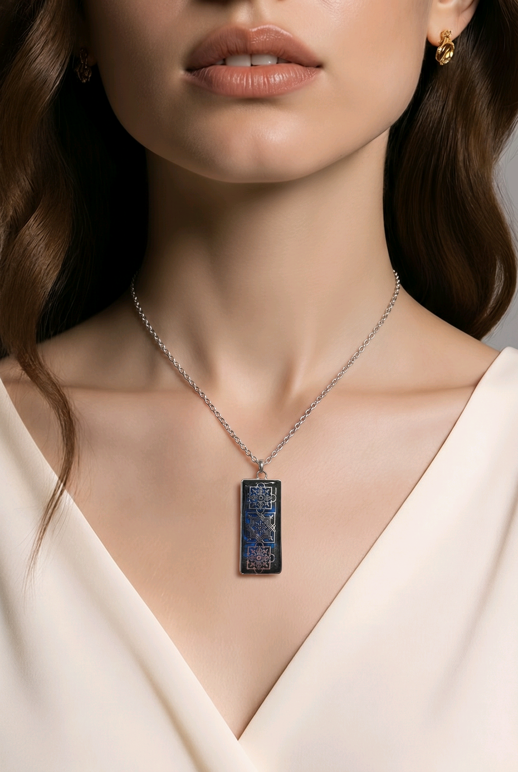Navy Blue & Silver Oblong Resin Pendant Necklace