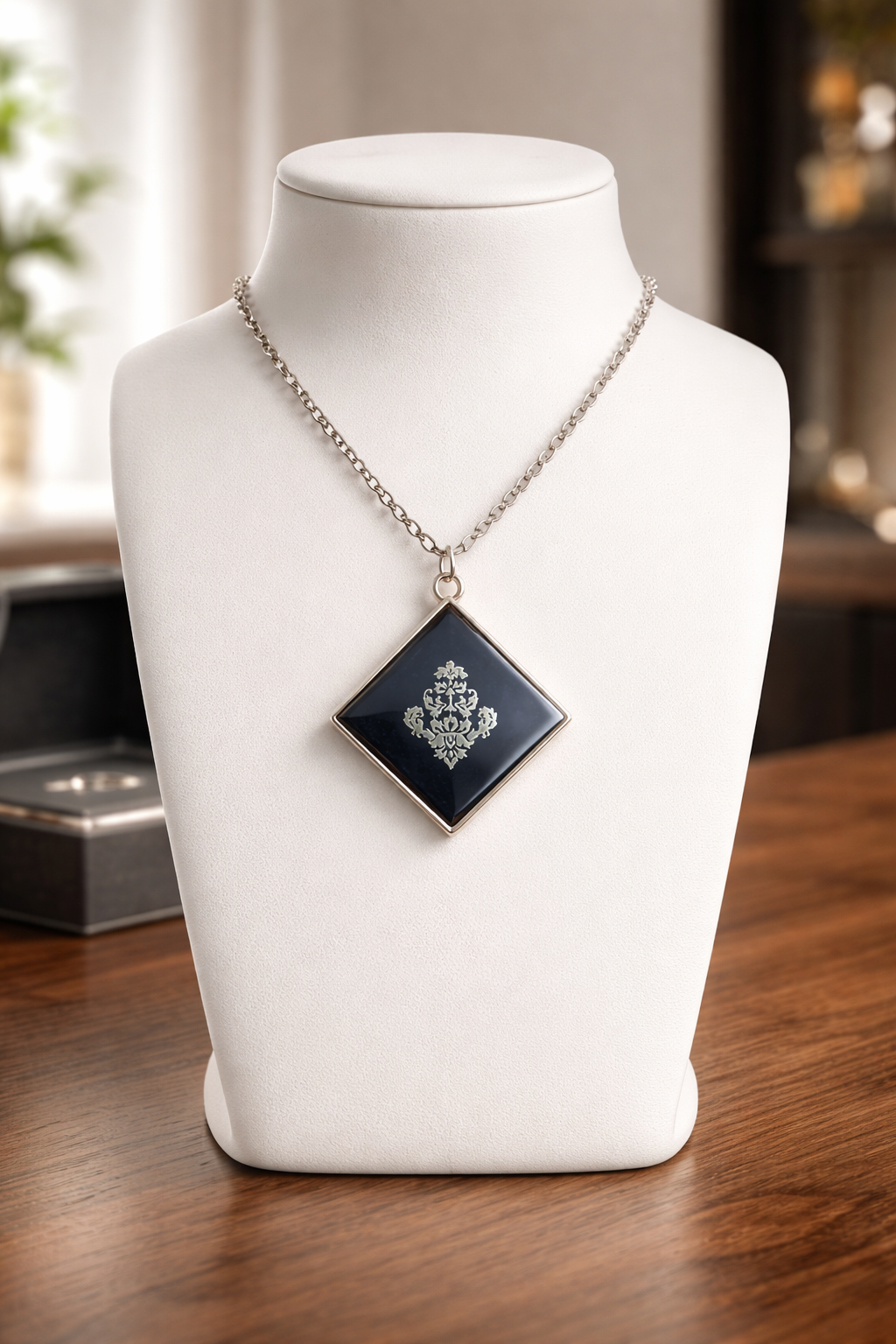 Dark Blue Resin Diamond Pendant Necklace with Silver Accent – Handmade Statement Jewelry
