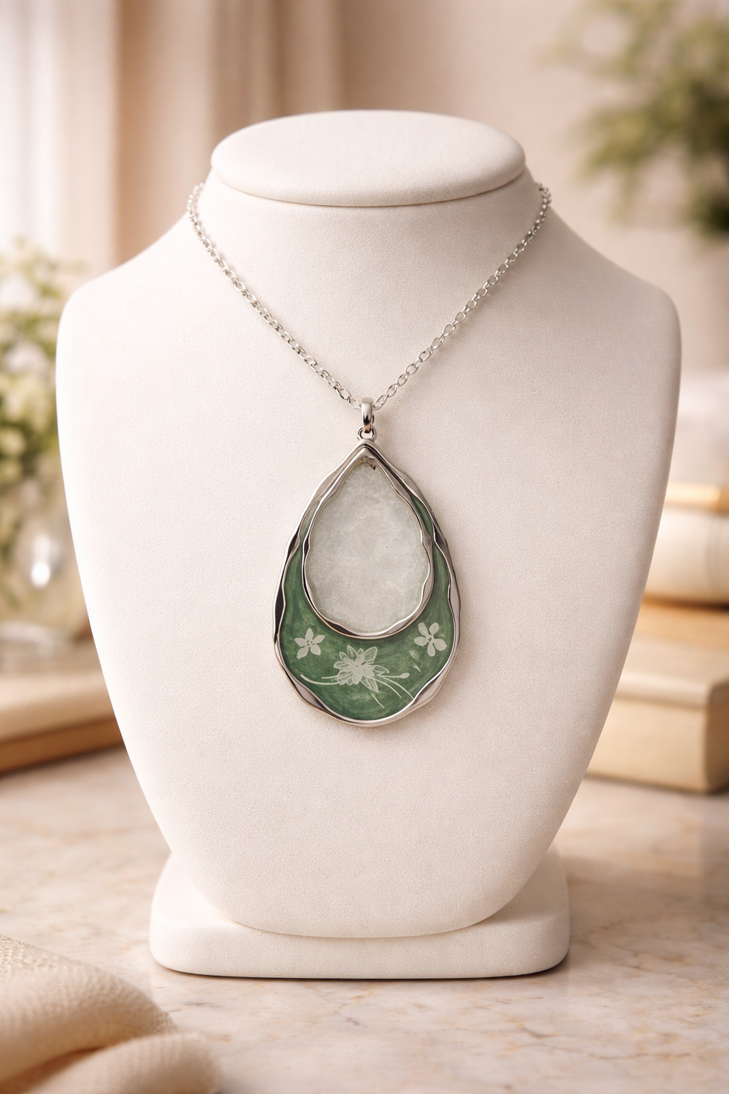 Hawaiian Flower Resin Teardrop Pendant Necklace – Handmade Tropical Jewelry
