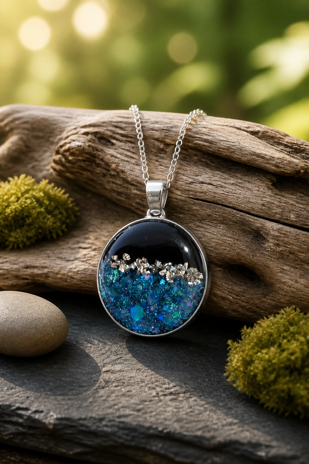 Black Resin Bezel Necklace with Blue & Silver Glitter - 18" Silver Chain