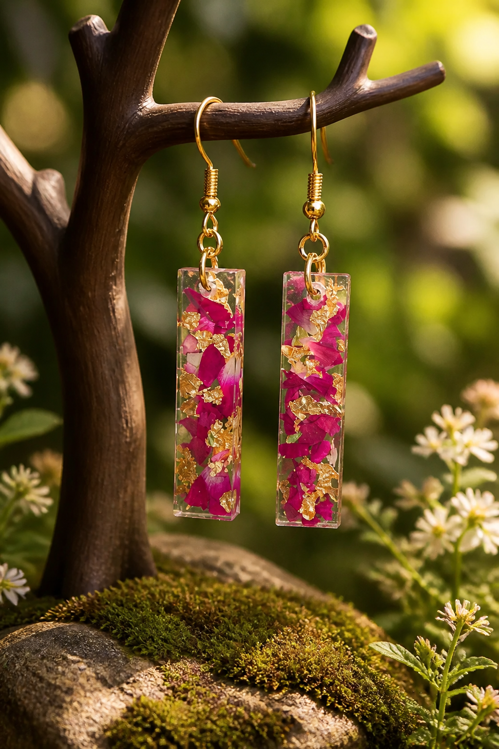 Dried Pink Flower & Gold Foil Resin Earrings