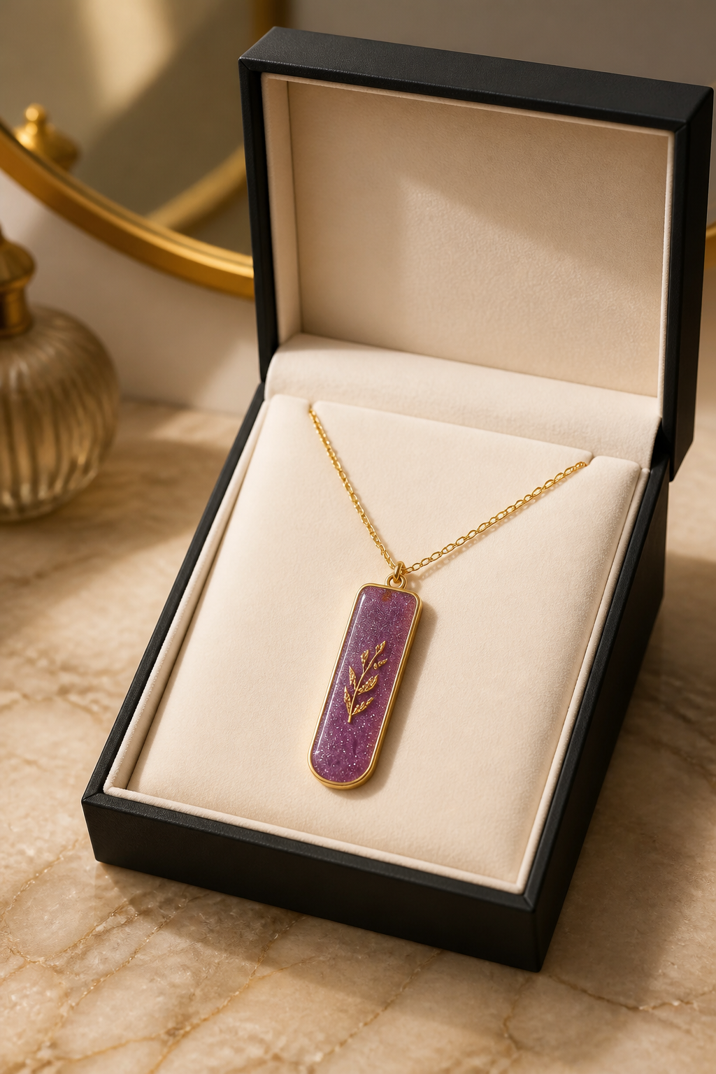 Lavender & Gold Leaf Resin Pendant Necklace