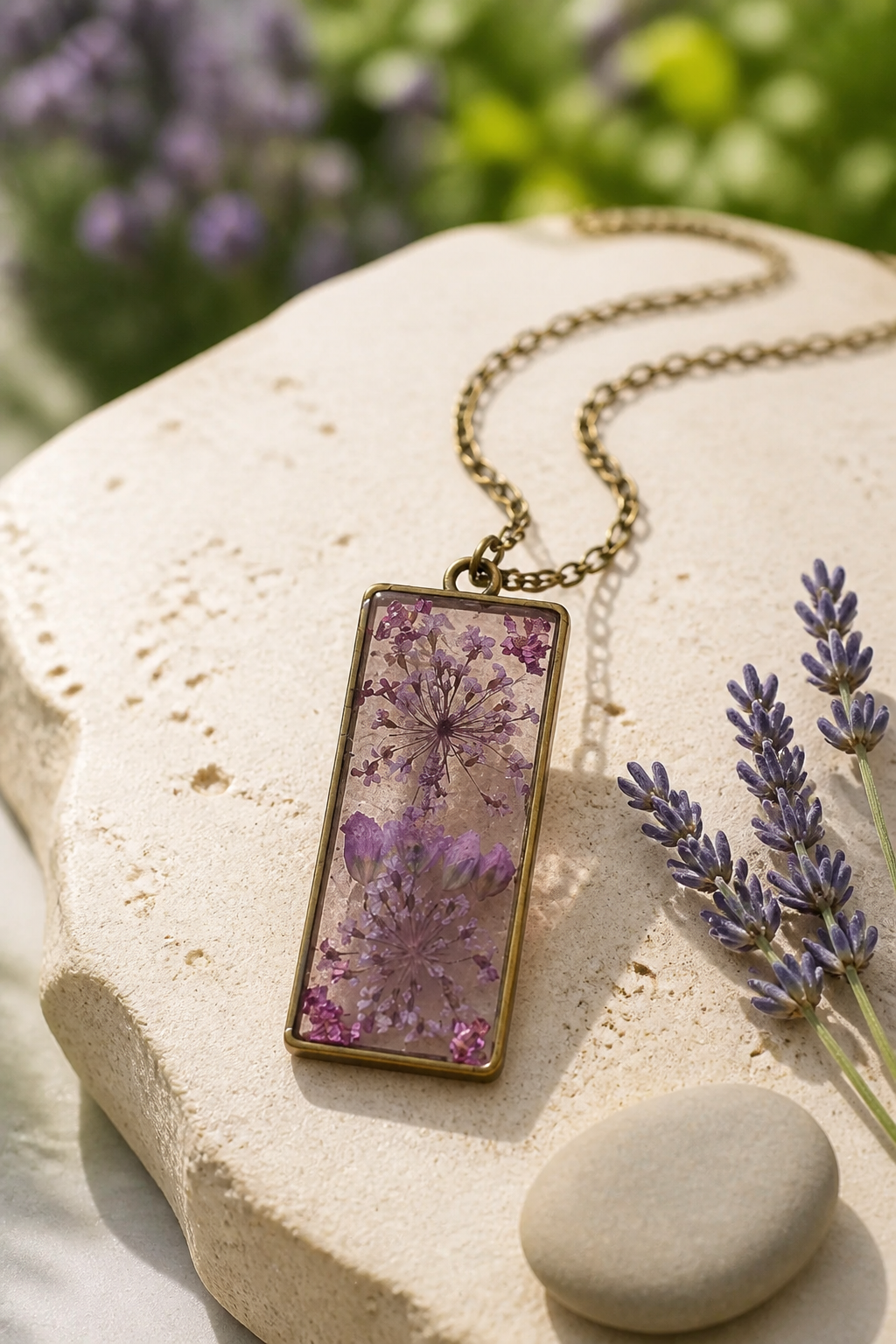 Dried Purple Flower Antiqued Resin Pendant Necklace
