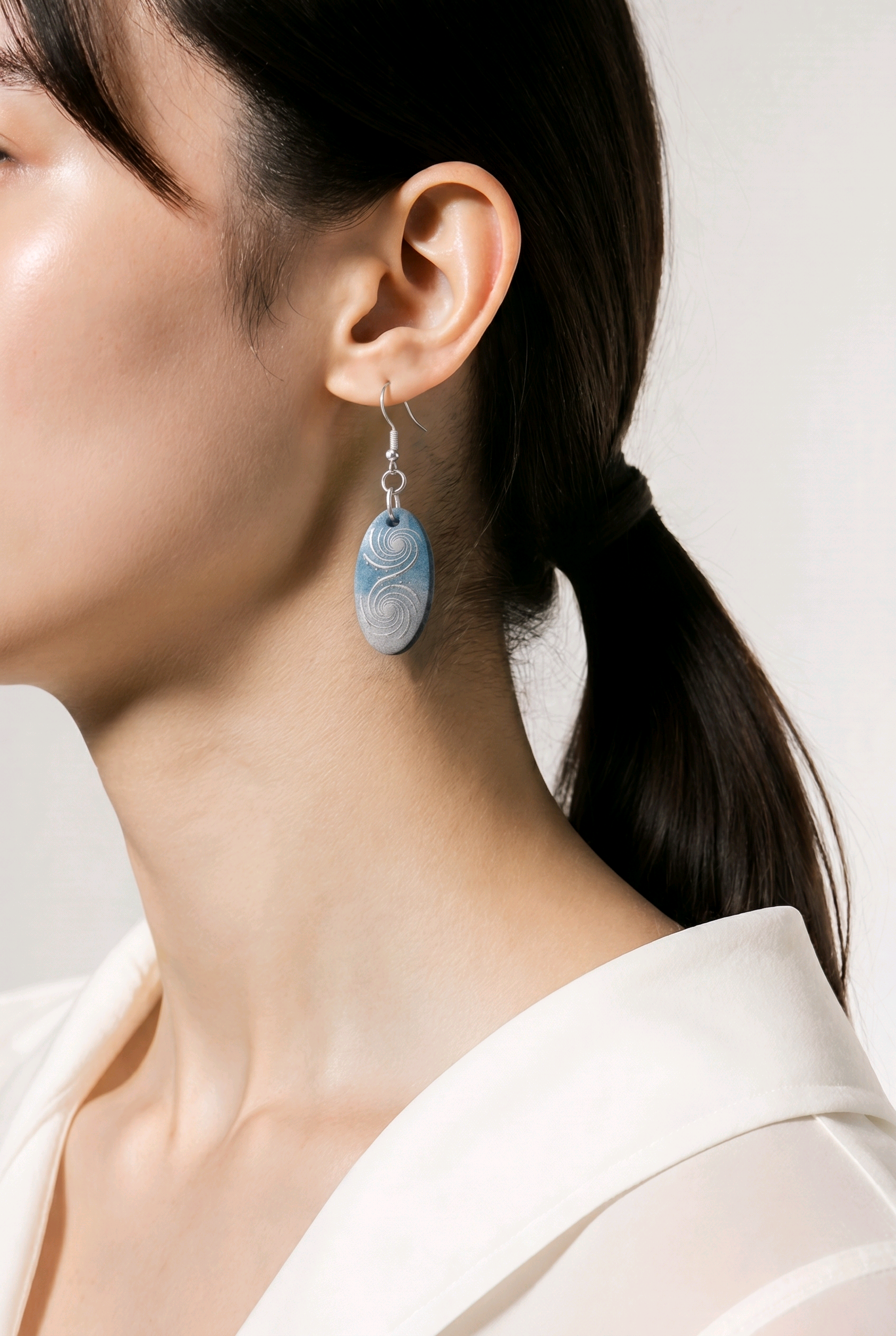 Silver & Blue Oval Resin Earrings – Handmade with Silver Scroll Detail