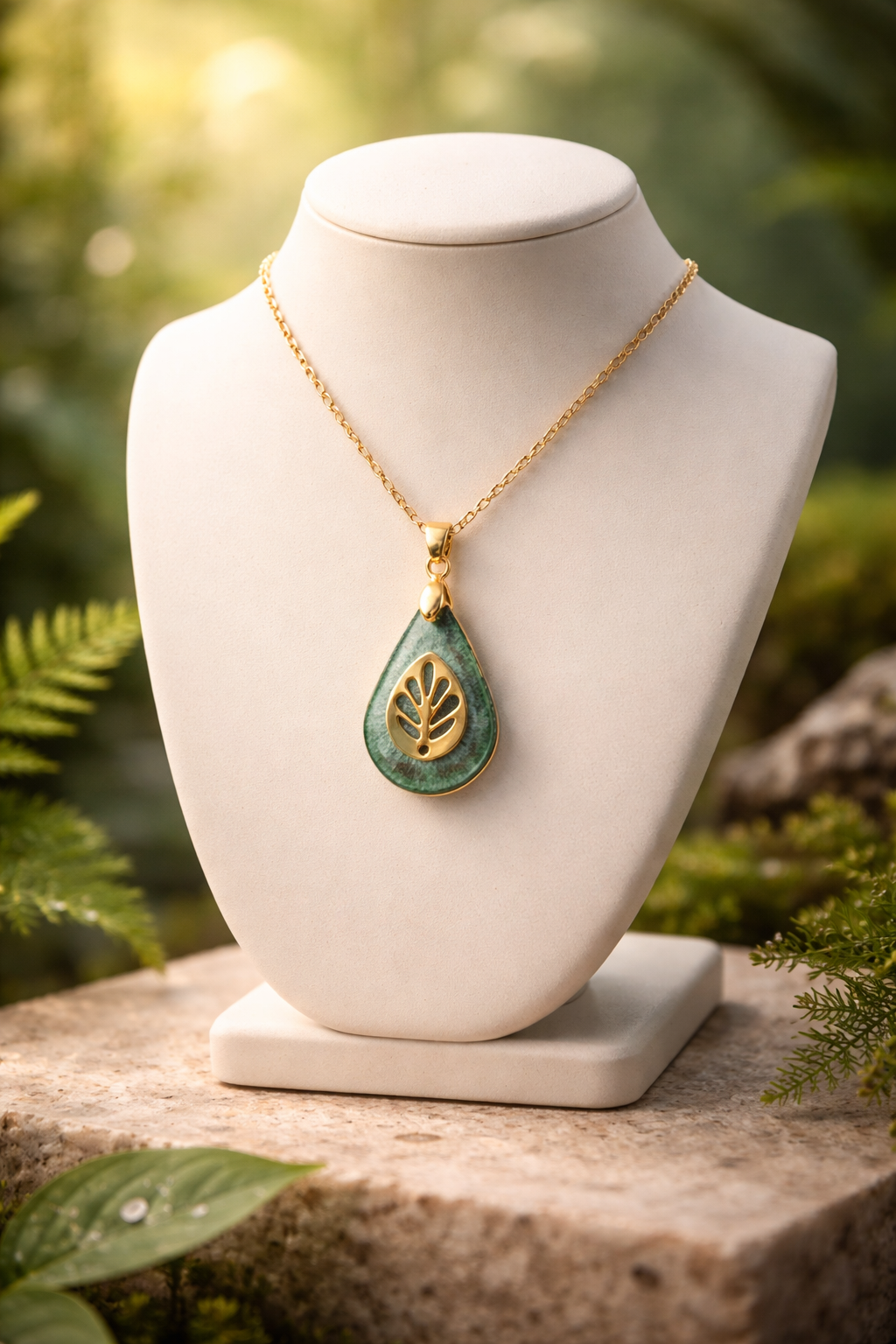 Gold Leaf & Green Resin Teardrop Pendant Necklace – Handmade Nature-Inspired Jewelry