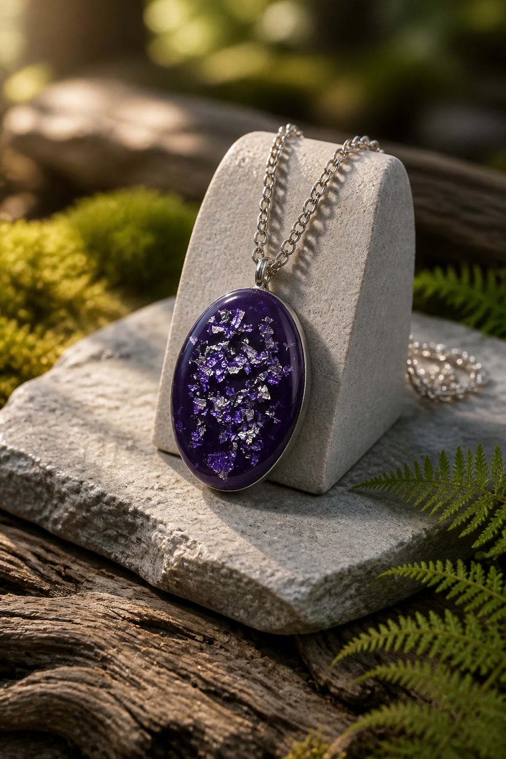Purple & Silver Foil Oval Resin Pendant Necklace