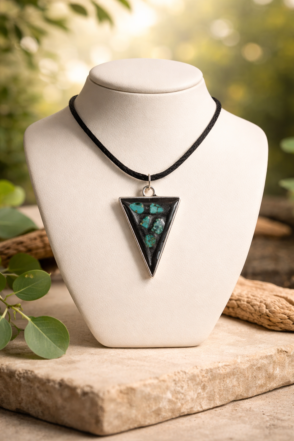 Turquoise & Black Resin Triangle Pendant Necklace – Handmade Boho Jewelry