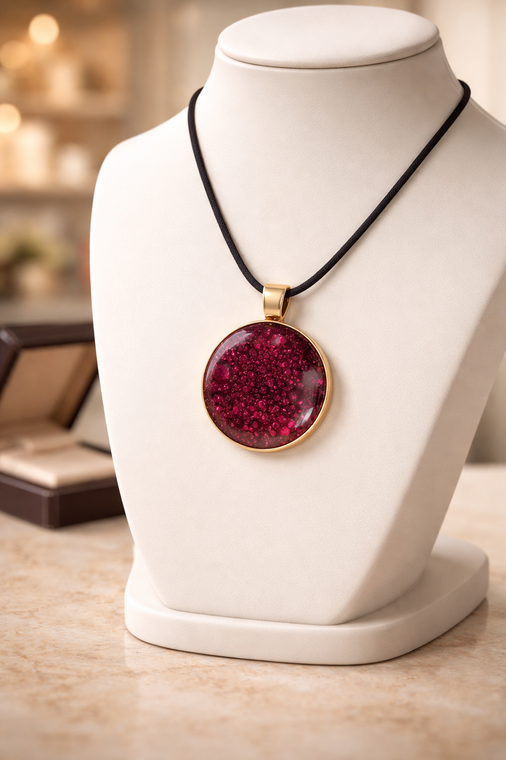 Burgundy Bubble Resin Round Pendant Necklace – Handmade Artisan Jewelry