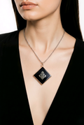 Dark Blue Resin Diamond Pendant Necklace with Silver Accent – Handmade Statement Jewelry