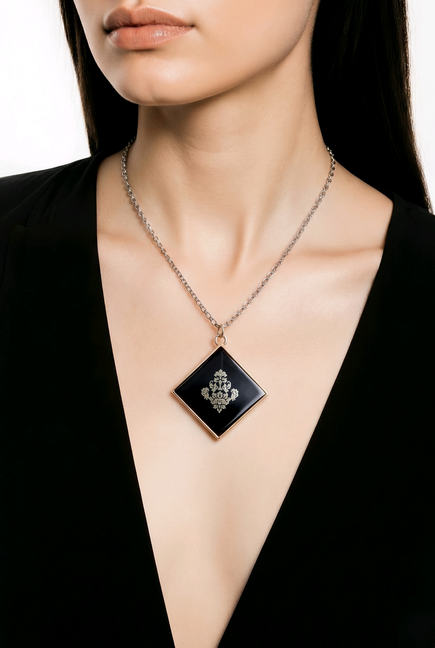 Dark Blue Resin Diamond Pendant Necklace with Silver Accent – Handmade Statement Jewelry