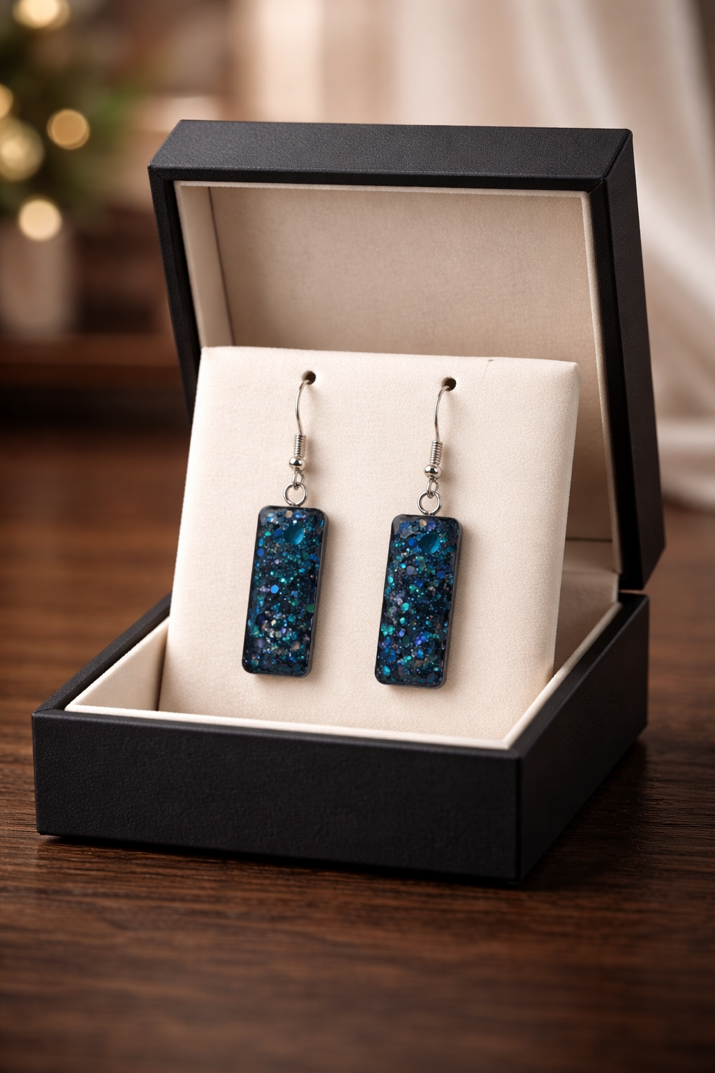 Blue & Green Glitter Resin Earrings – Handmade 1" Silver Bezel