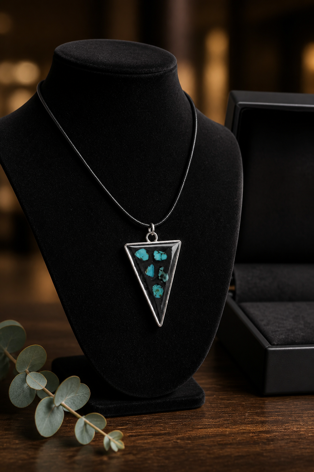 Turquoise & Black Resin Triangle Pendant Necklace – Handmade Boho Jewelry