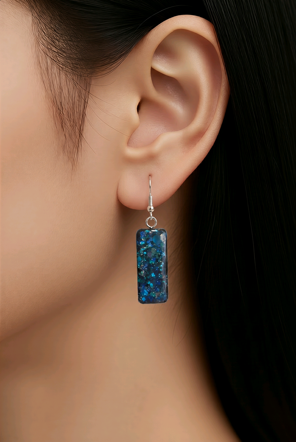 Blue & Green Glitter Resin Earrings – Handmade 1" Silver Bezel