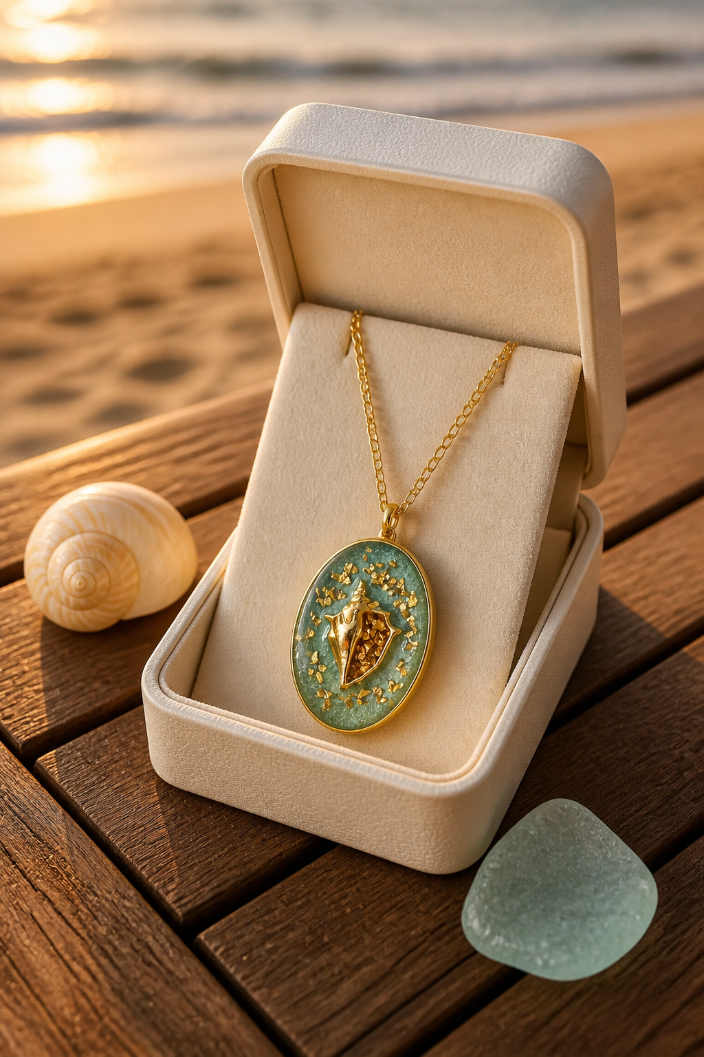 Coastal Vibes Gold & Green Resin Bezel Necklace | Handcrafted Seashell Pendant