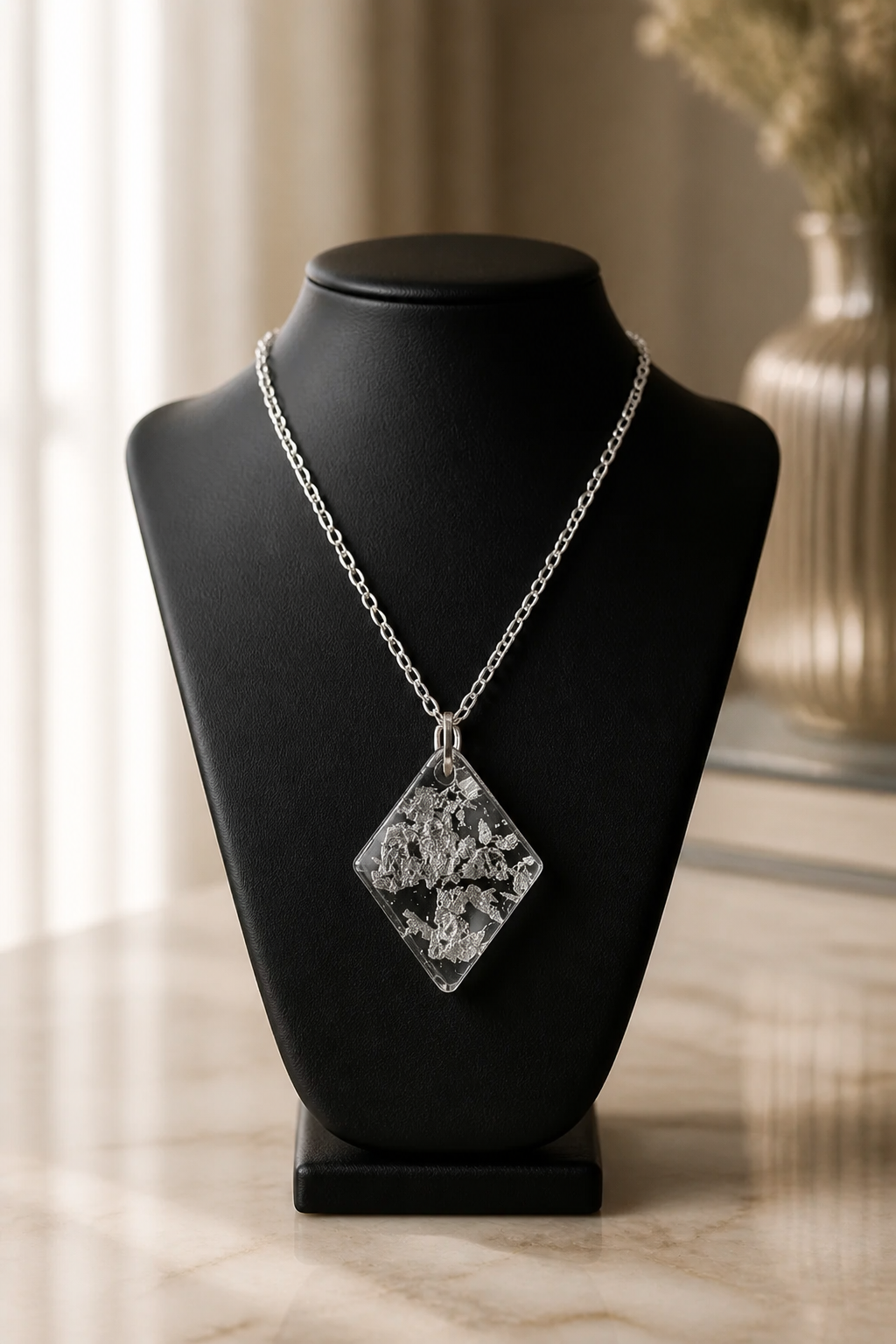 Silver Foil Resin Diamond Pendant Necklace – Handmade Geometric Jewelry