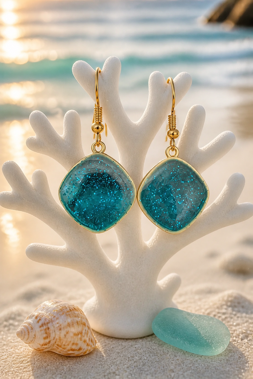Teal Glitter Resin Earrings – Handmade 3/4" Round in Matte Gold Bezel