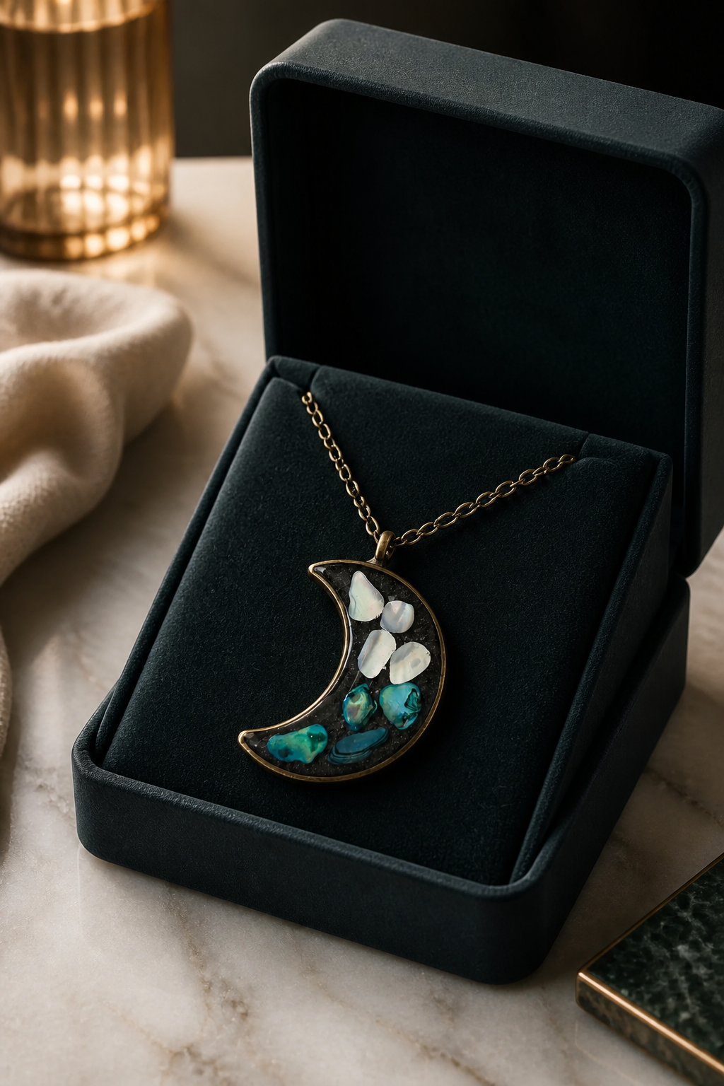 Moon Pendant Necklace with Faux Abalone Shell Set in Resin