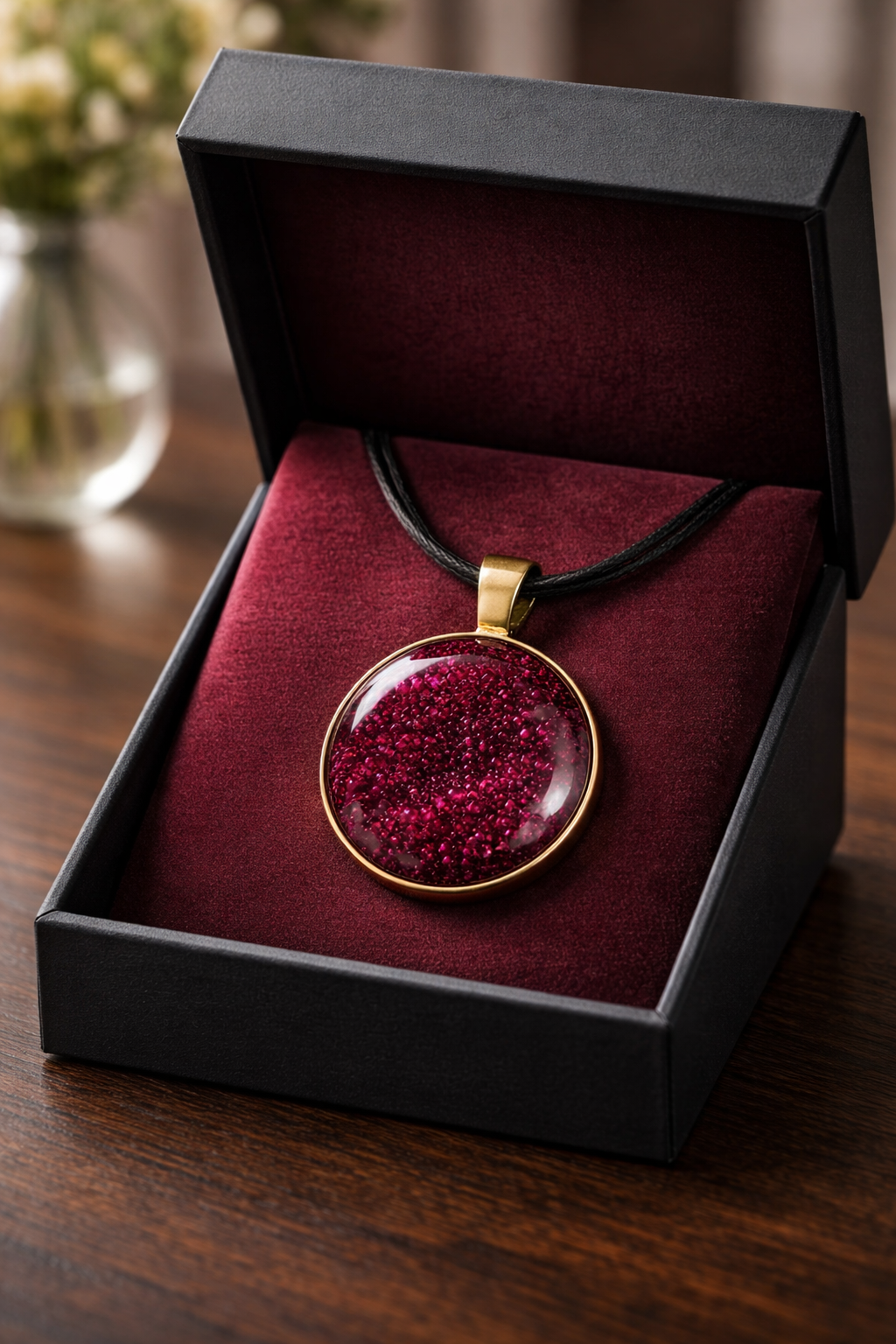 Burgundy Bubble Resin Round Pendant Necklace – Handmade Artisan Jewelry
