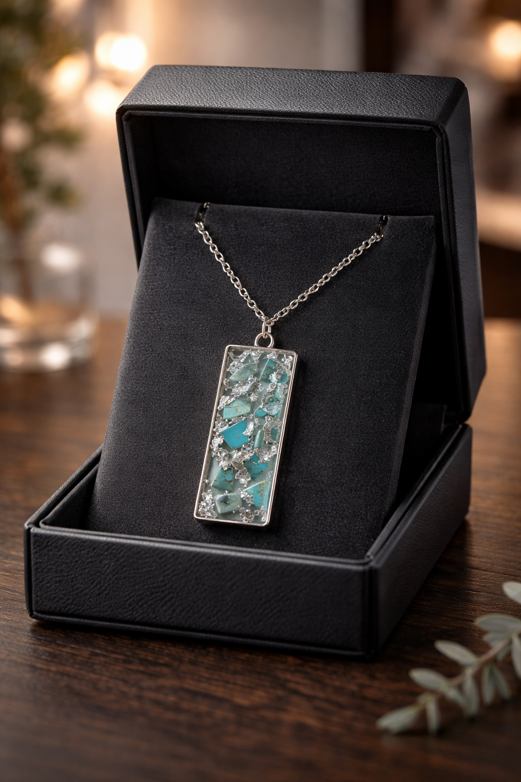 Faux Turquoise & Silver Foil Resin Oblong Pendant Necklace – Handmade Coastal Jewelry