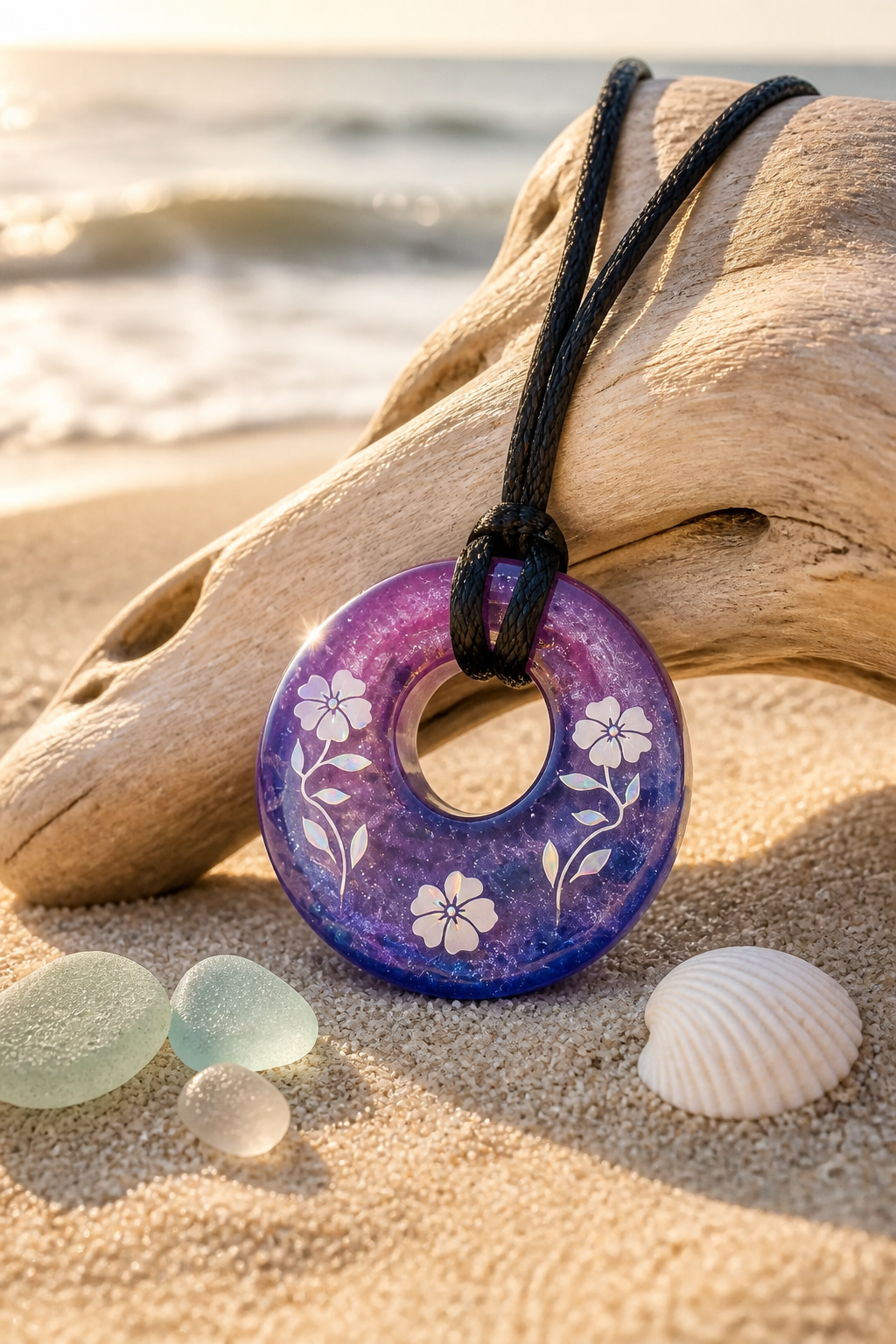 Purple Resin & White Flower Pendant Necklace – Handmade Feminine Jewelry