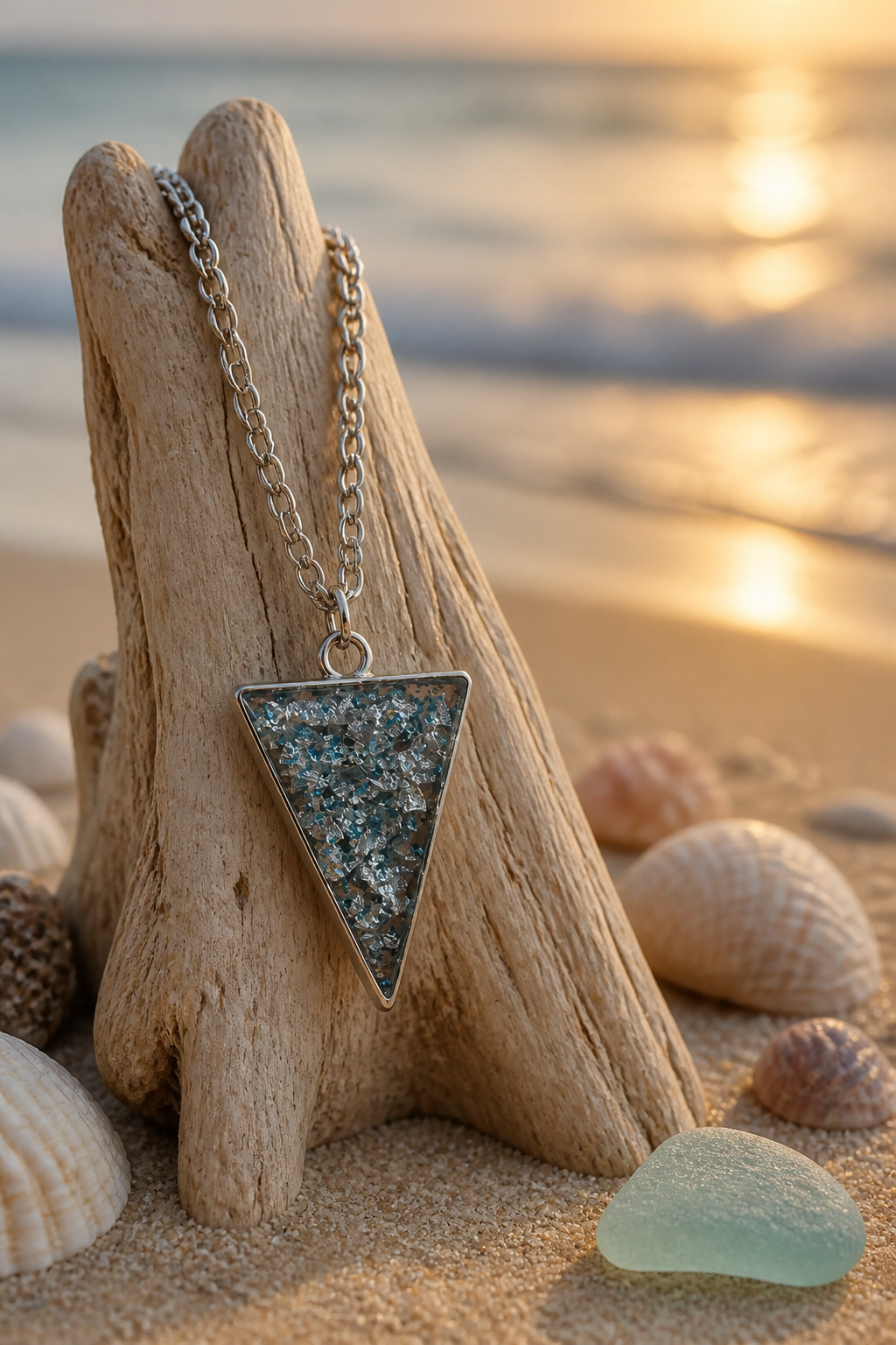 Teal Glitter Triangle Resin Pendant Necklace