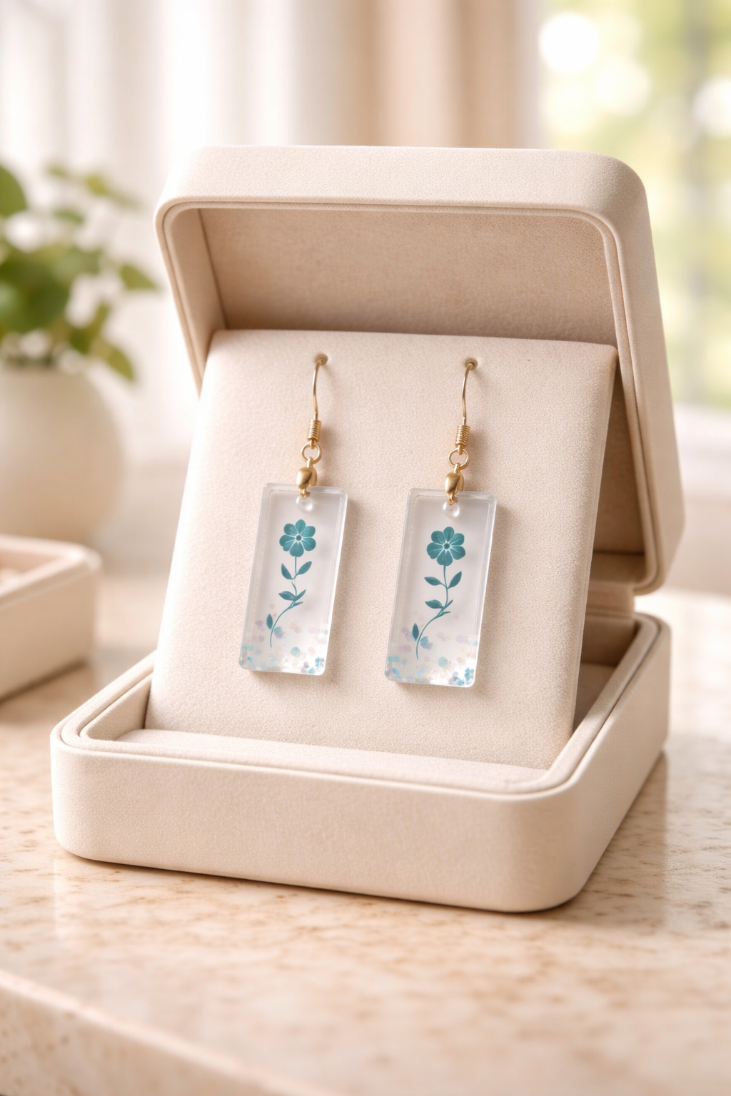 Clear Resin Earrings with Blue Flower Accent – Handmade 1" Botanical Jewelry