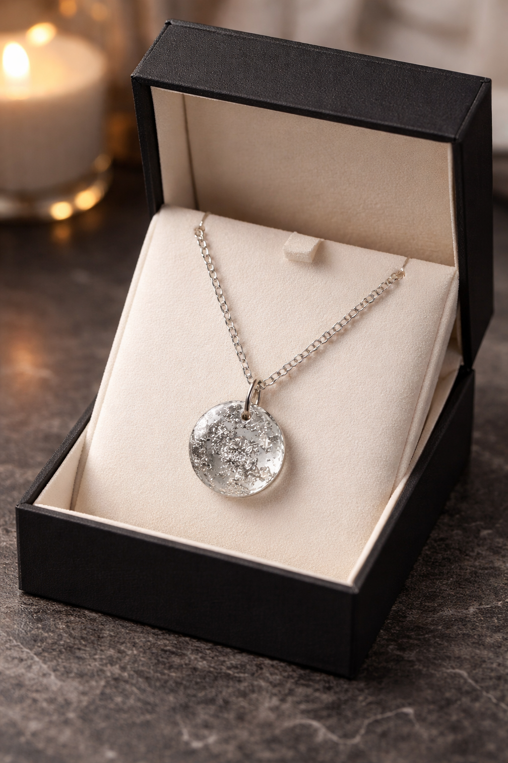 Silver Foil Resin Round Pendant Necklace – Handmade Minimalist Jewelry