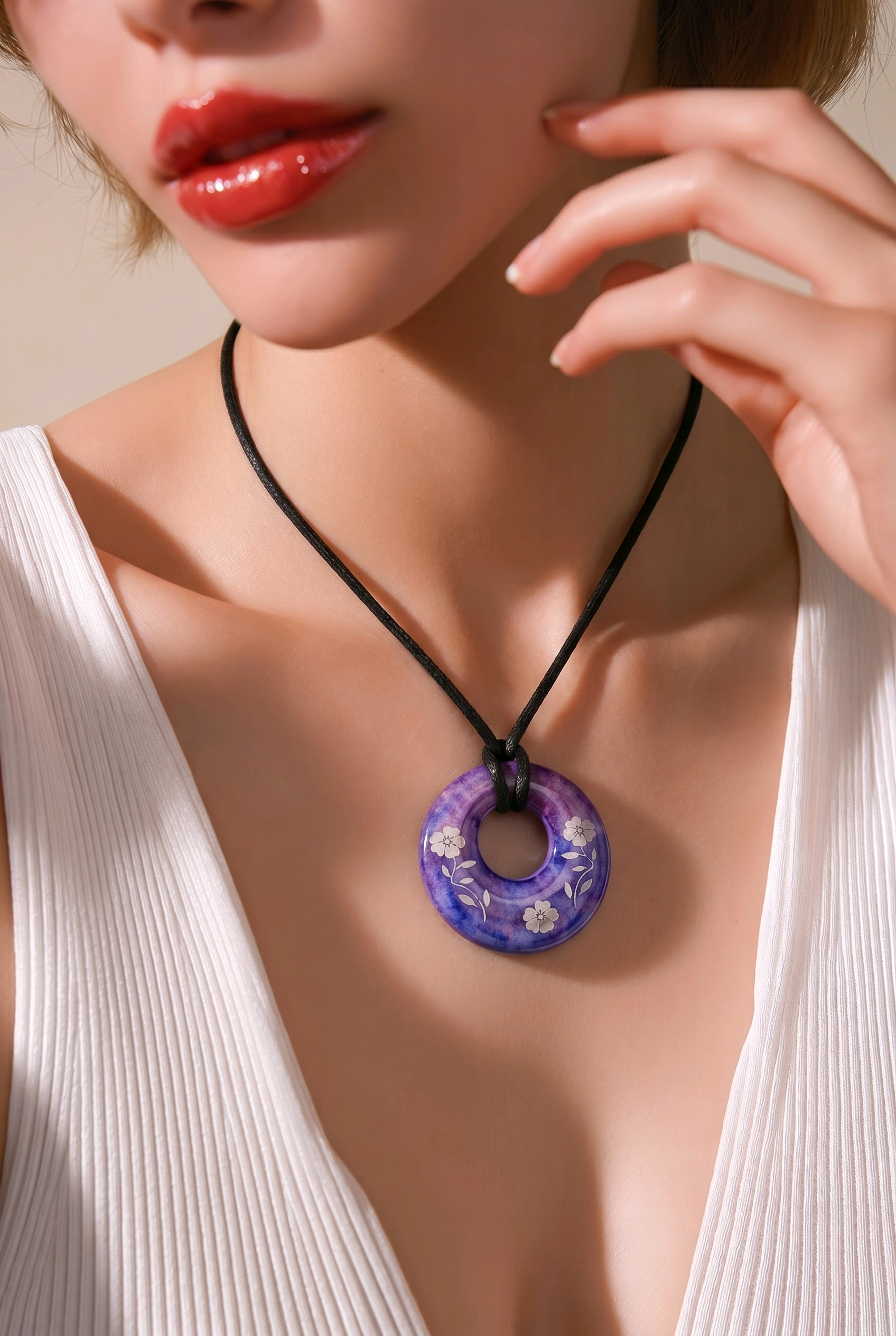 Purple Resin & White Flower Pendant Necklace – Handmade Feminine Jewelry