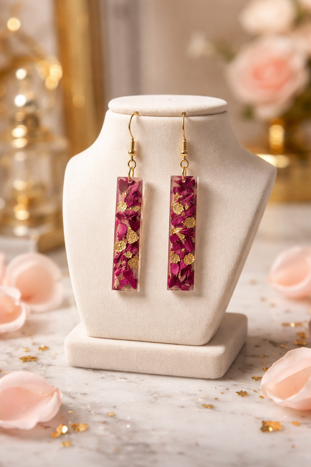 Dried Pink Flower & Gold Foil Resin Earrings