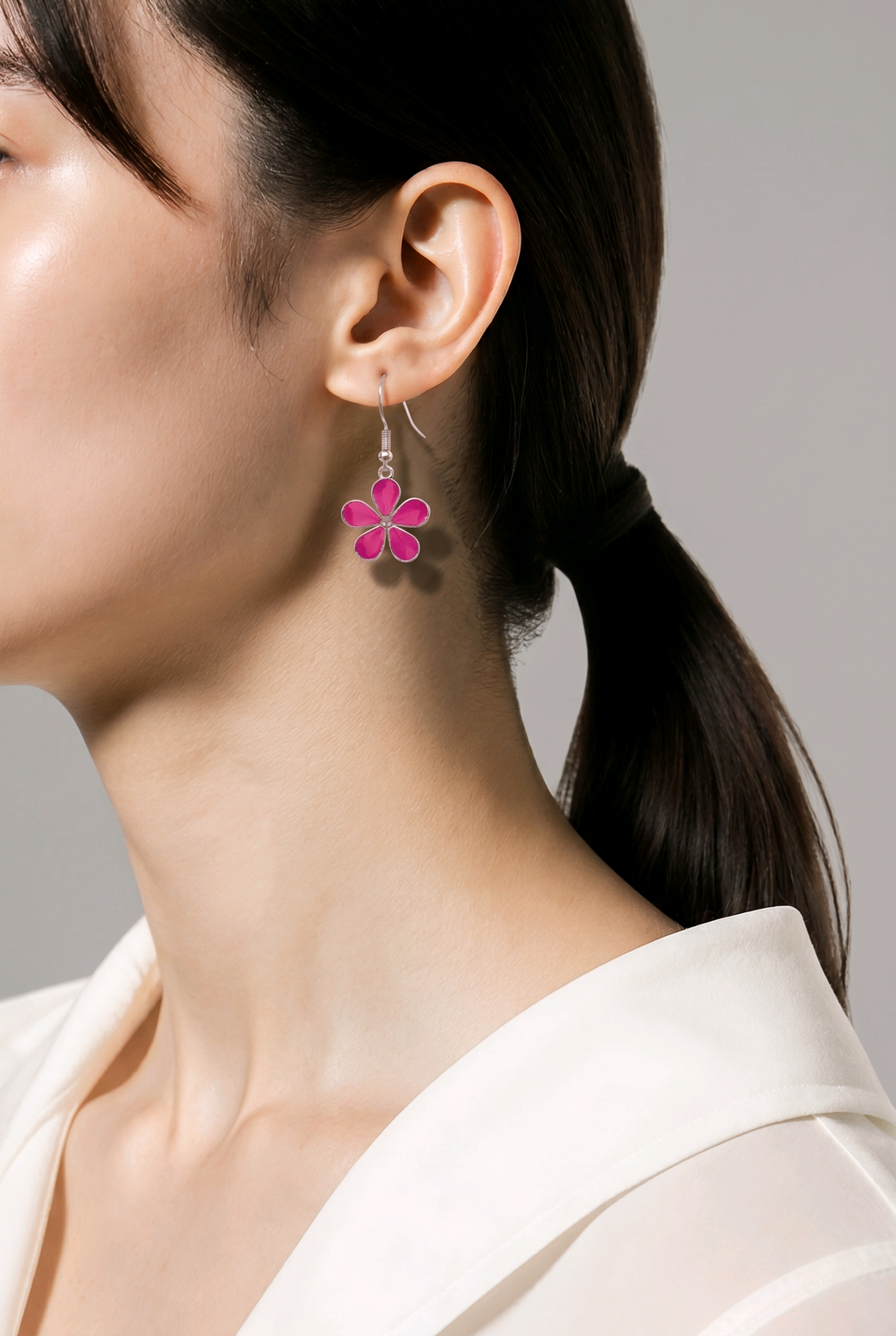 Pink Flower Resin Earrings – Handmade with Crystal Accent & Silver Bezel