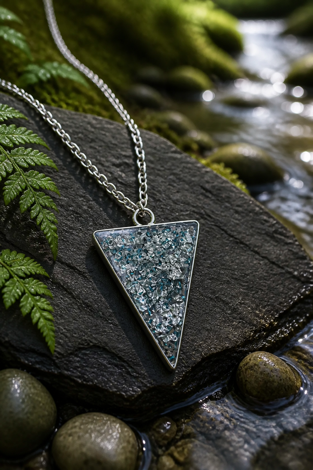 Teal Glitter Triangle Resin Pendant Necklace