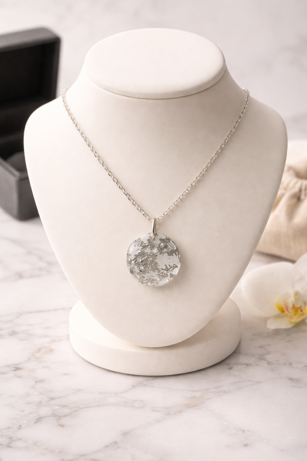 Silver Foil Resin Round Pendant Necklace – Handmade Minimalist Jewelry