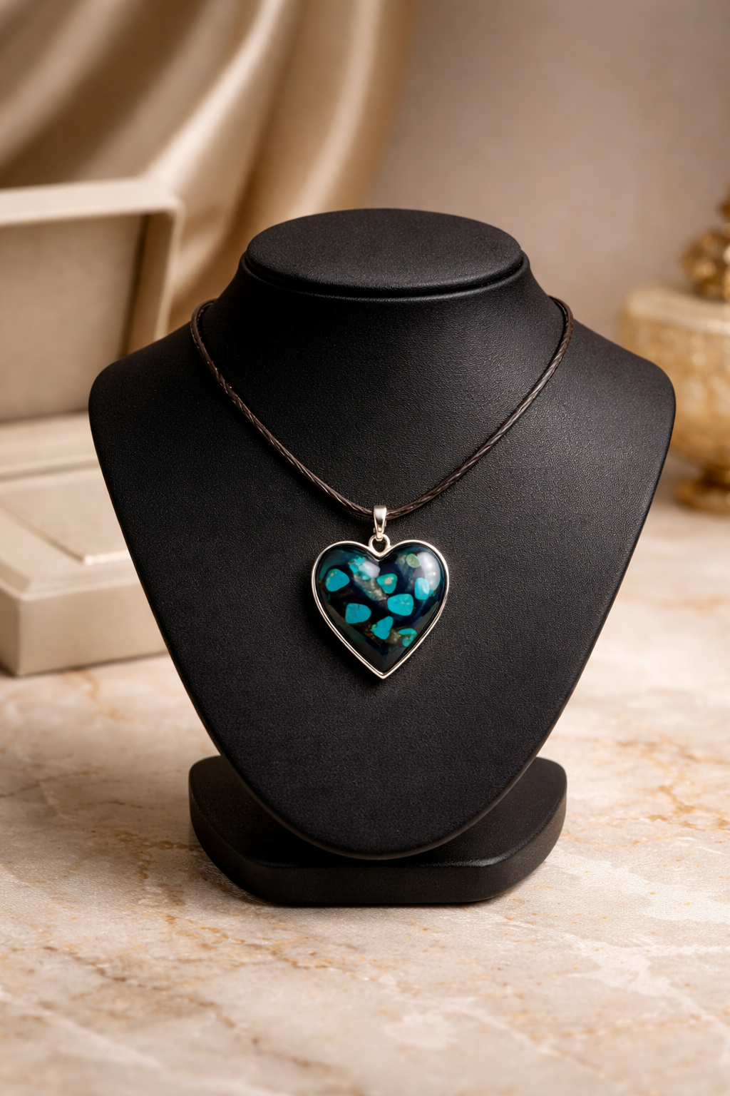 Turquoise & Black Resin Heart Pendant Necklace – Handmade Romantic Jewelry