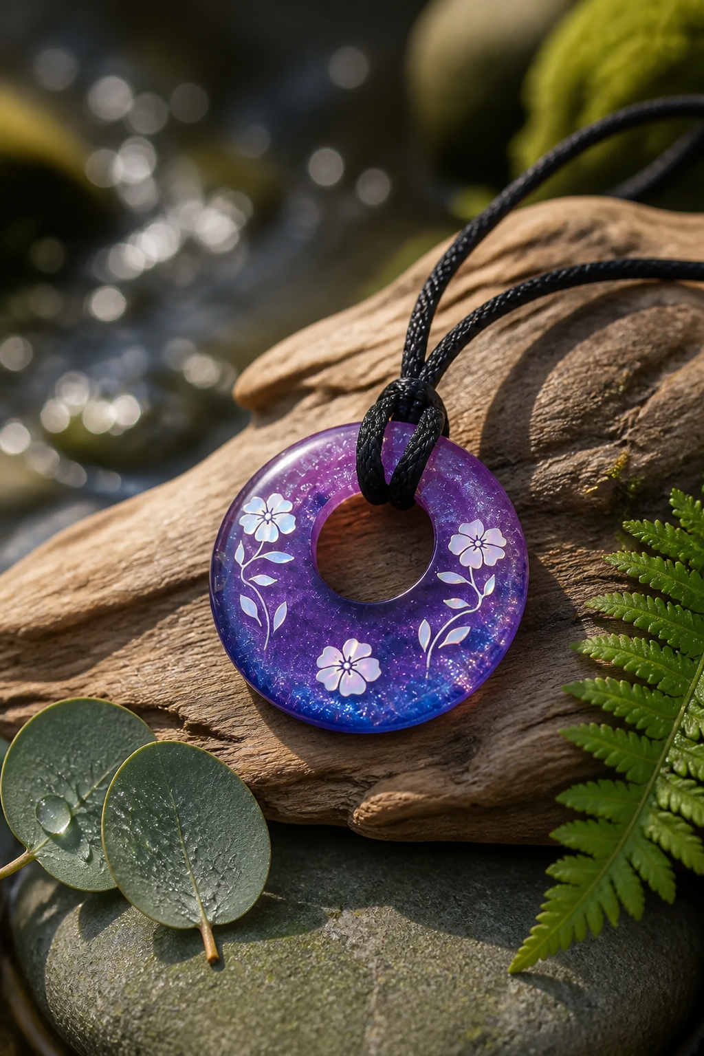 Purple Resin & White Flower Pendant Necklace – Handmade Feminine Jewelry