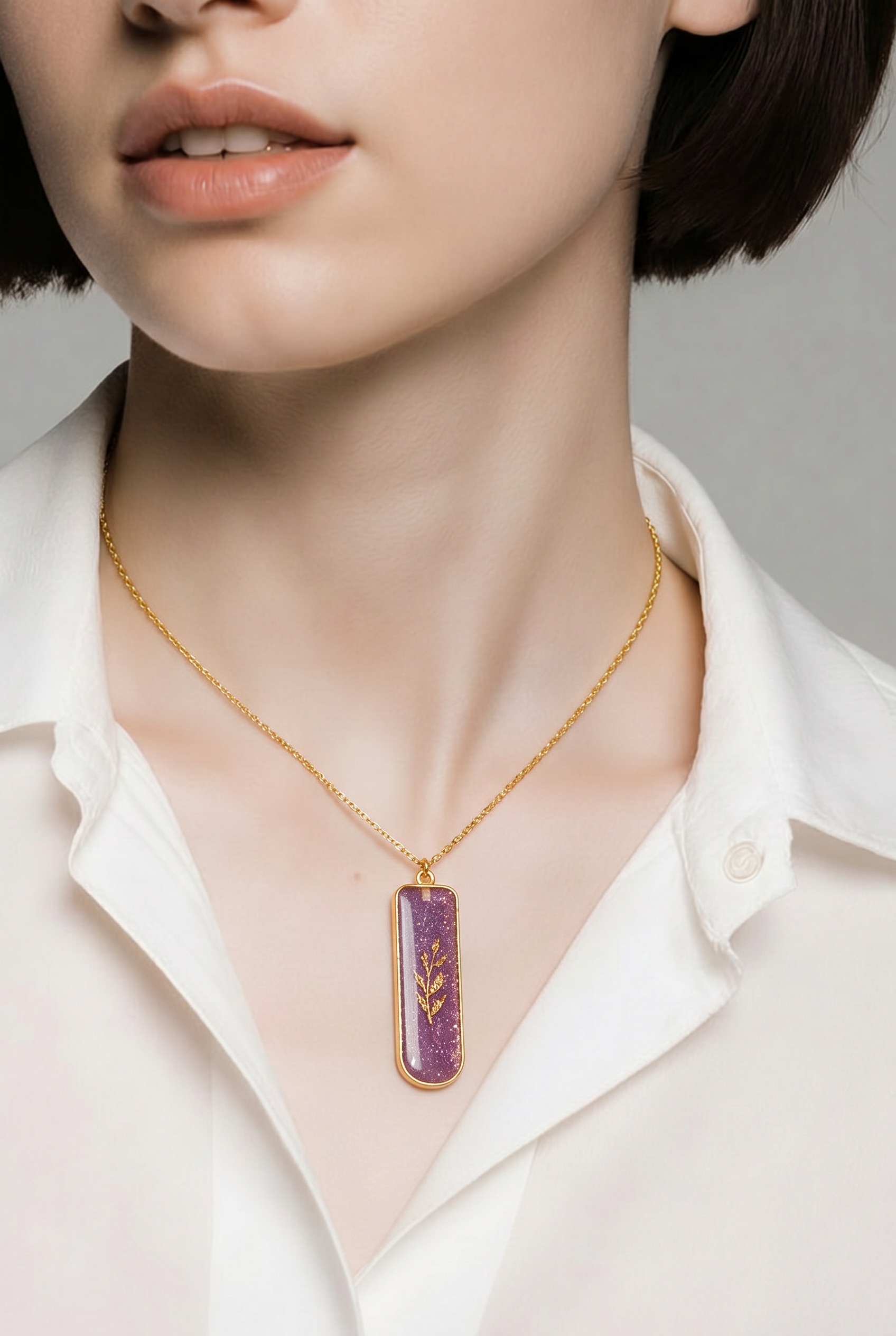 Lavender & Gold Leaf Resin Pendant Necklace