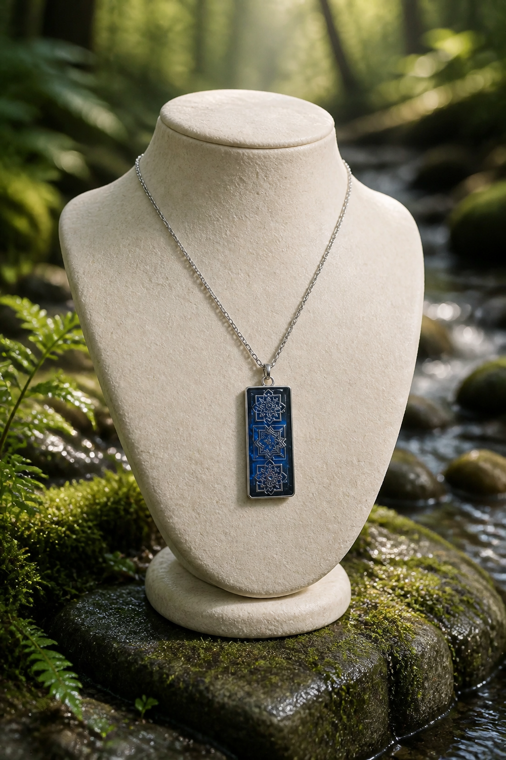 Navy Blue & Silver Oblong Resin Pendant Necklace