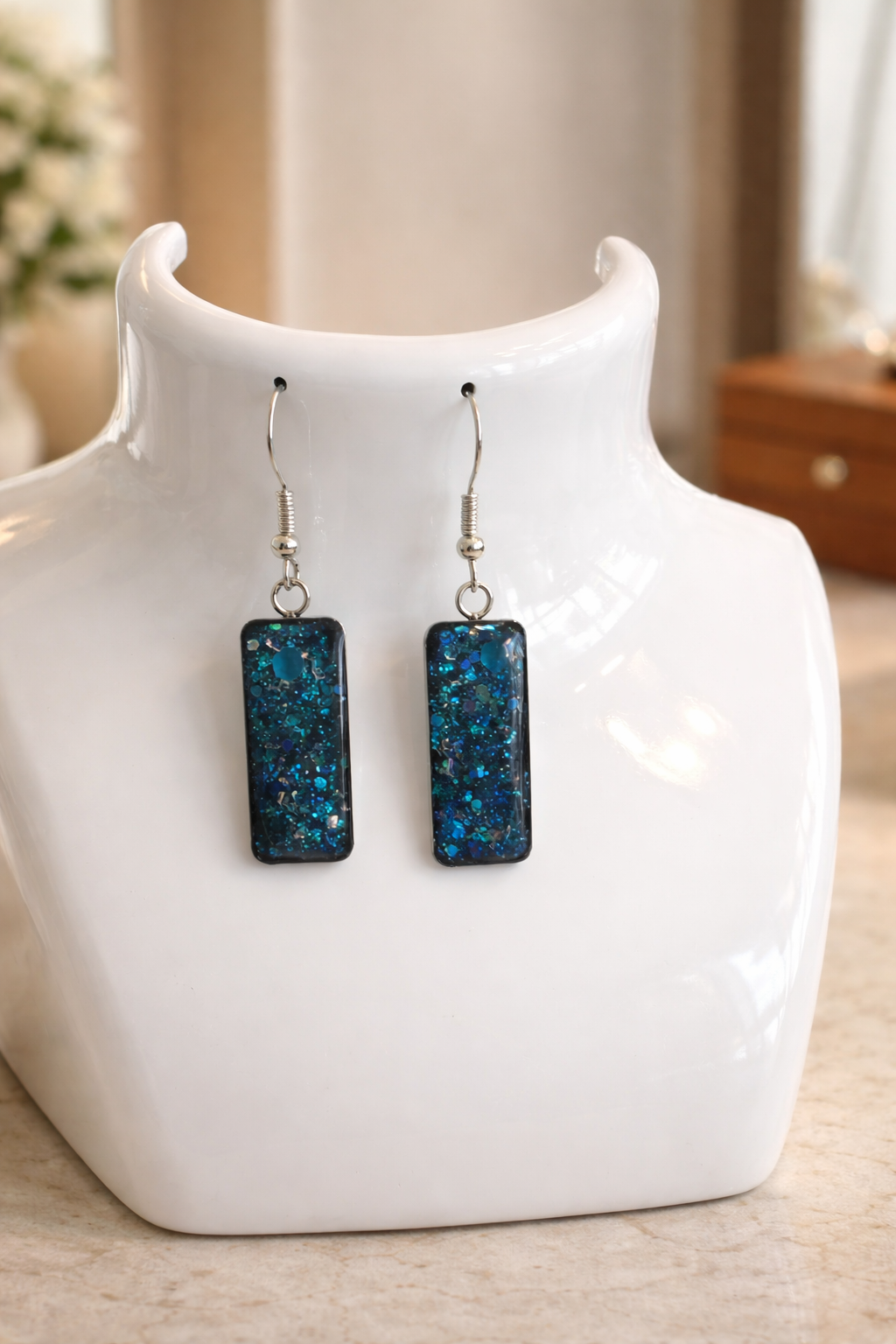 Blue & Green Glitter Resin Earrings – Handmade 1" Silver Bezel