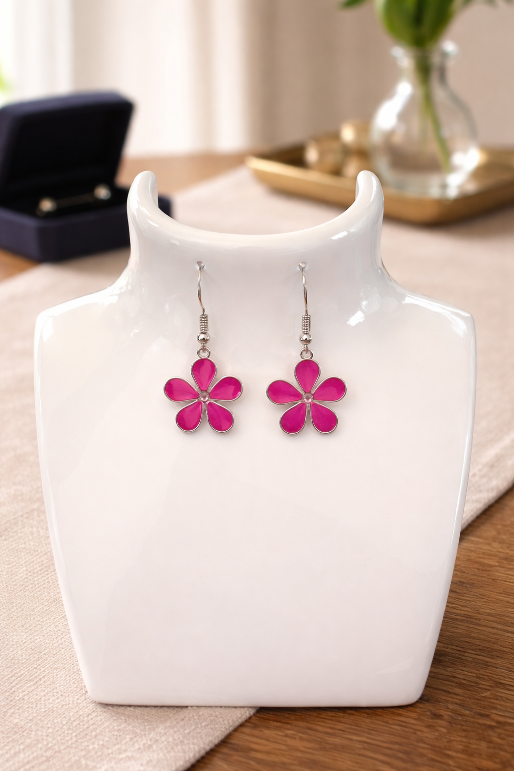 Pink Flower Resin Earrings – Handmade with Crystal Accent & Silver Bezel