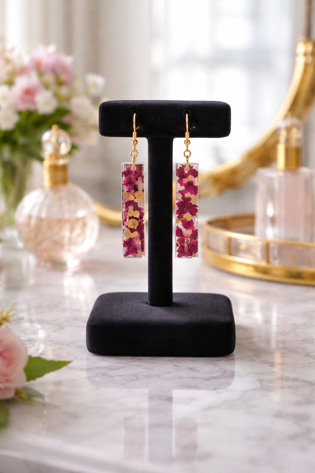 Dried Pink Flower & Gold Foil Resin Earrings