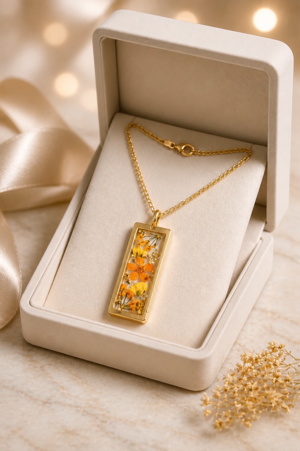 Dried Flower Resin Pendant Necklace in Gold Bezel – Handmade Botanical Jewelry