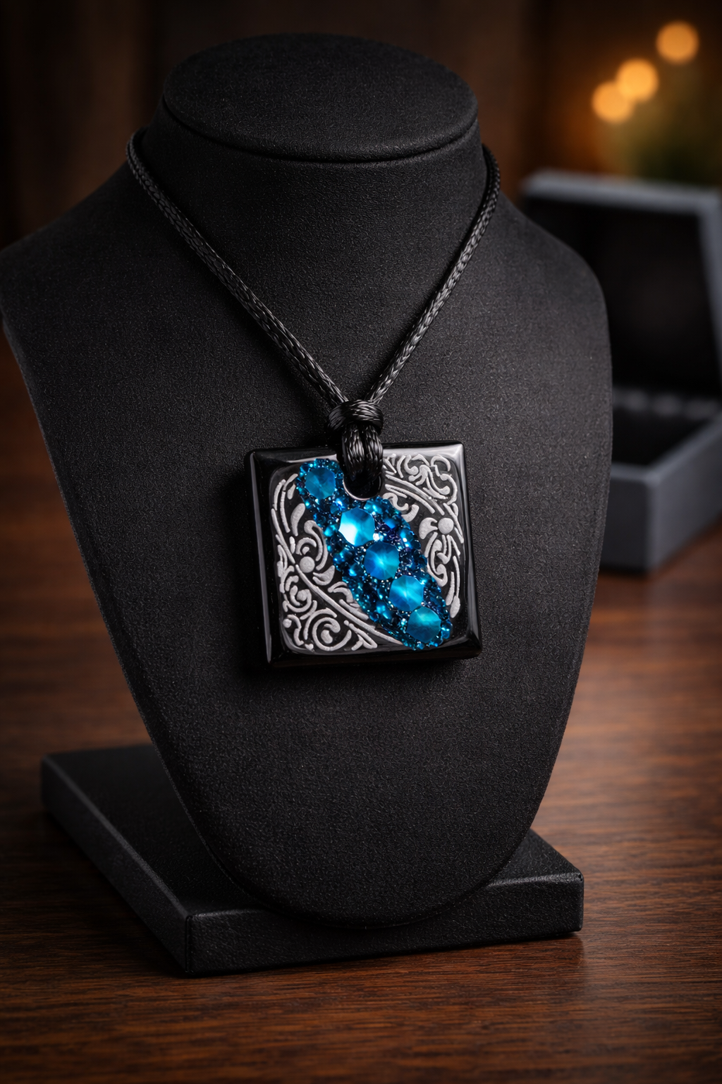 Black Resin Square Pendant Necklace with Blue Glitter & White Filigree – Handmade Statement Jewelry
