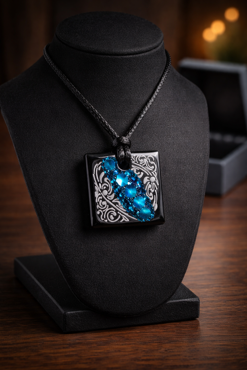 Black Resin Square Pendant Necklace with Blue Glitter & White Filigree – Handmade Statement Jewelry