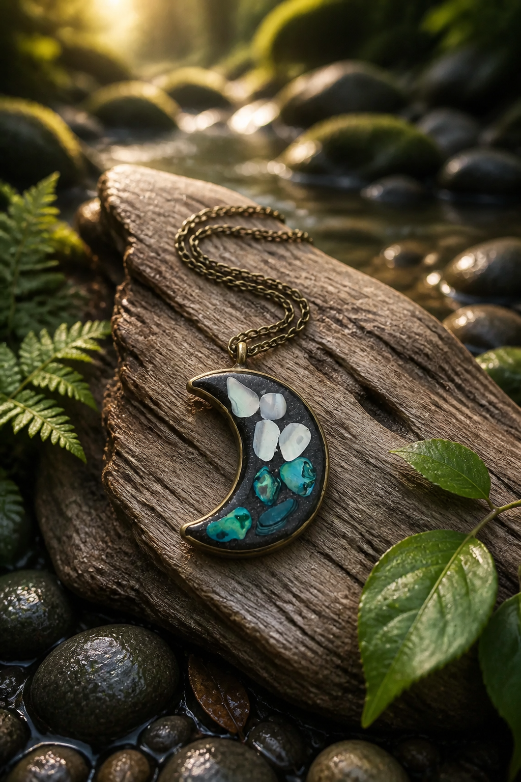 Moon Pendant Necklace with Faux Abalone Shell Set in Resin