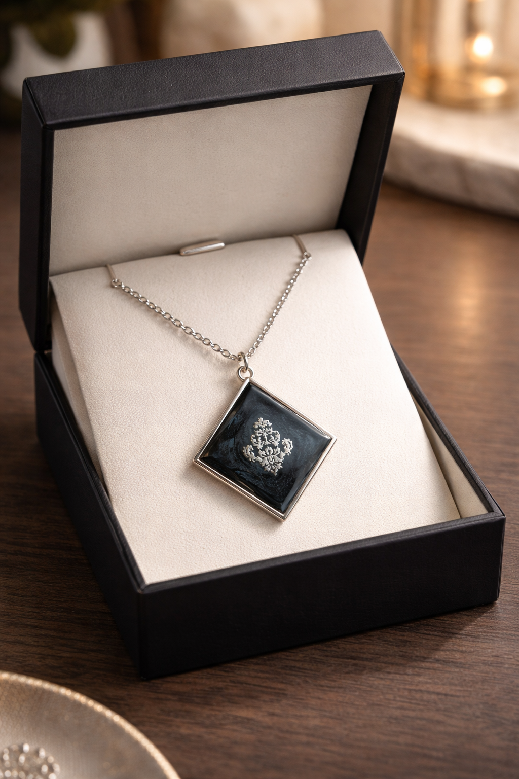 Dark Blue Resin Diamond Pendant Necklace with Silver Accent – Handmade Statement Jewelry