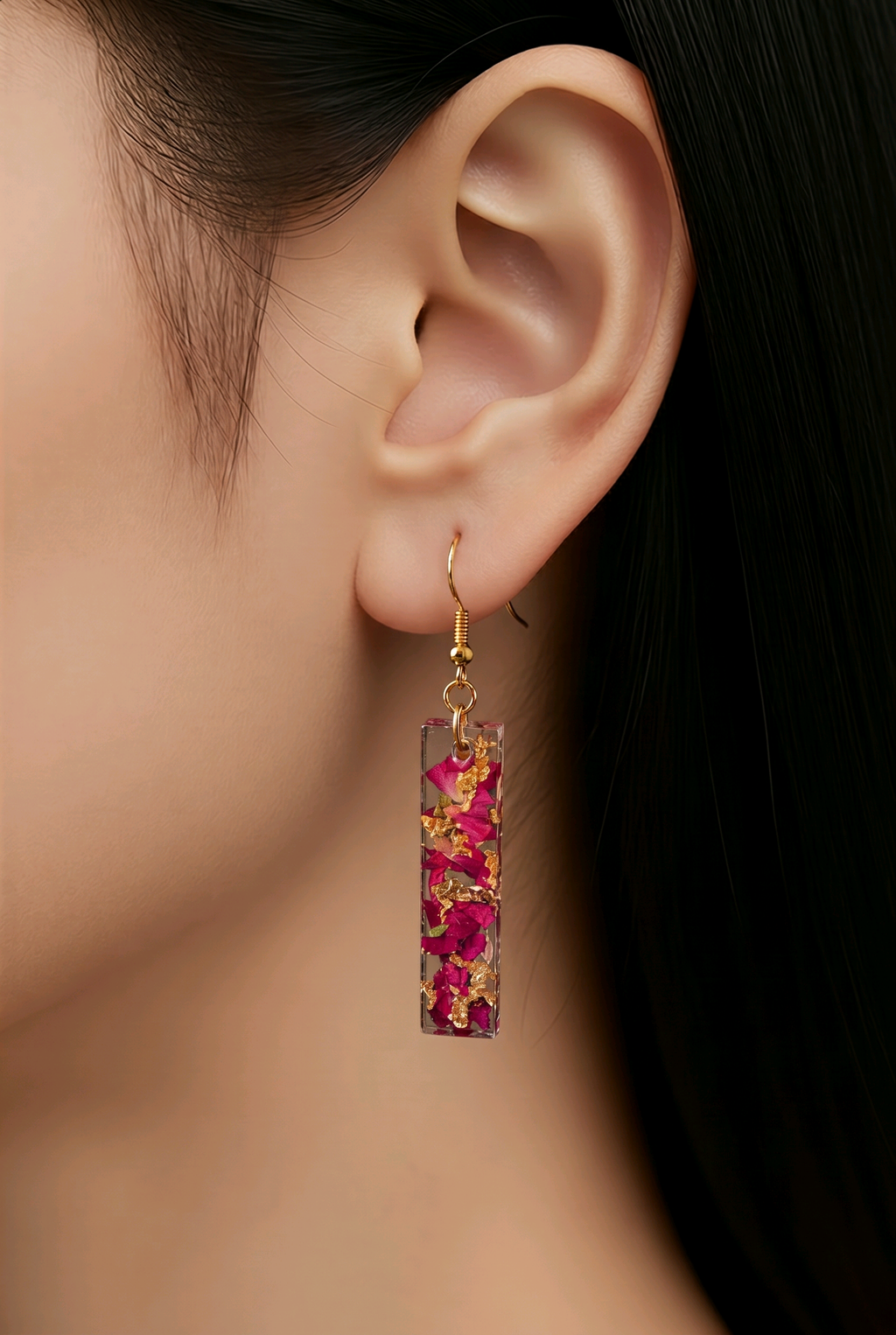 Dried Pink Flower & Gold Foil Resin Earrings
