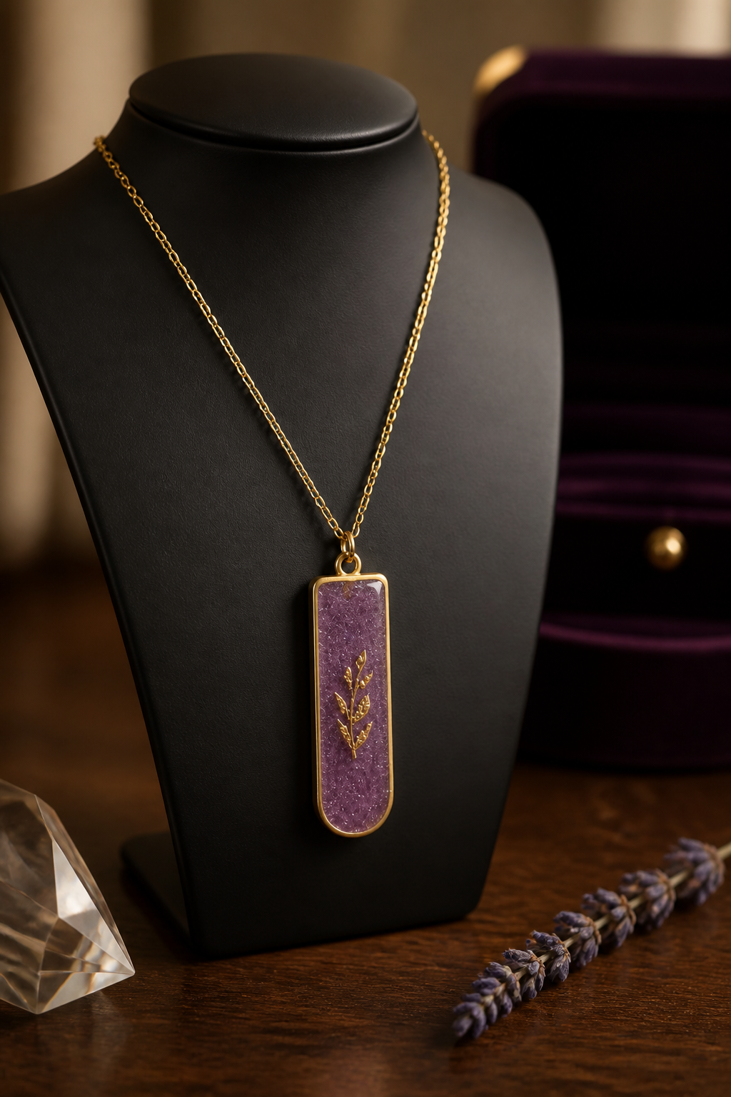 Lavender & Gold Leaf Resin Pendant Necklace