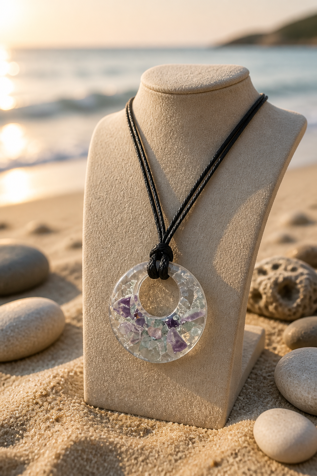 Purple Stone Resin Pendant Necklace on Black Silk Rope – Handmade Modern Jewelry